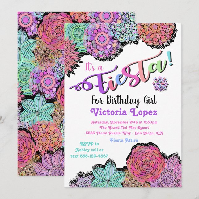 Invitación Fiesta floral mexicana Mandala fiesta de cumpleaño (Anverso / Reverso)