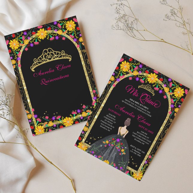 Invitación Fiesta floral mexicana Princesa de Oro Quinceanera (Subido por el creador)