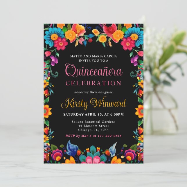 Invitación Fiesta floral mexicana Quinceanera (Anverso de pie)