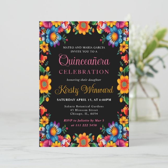 Invitación Fiesta floral mexicana Quinceanera (Anverso de pie)