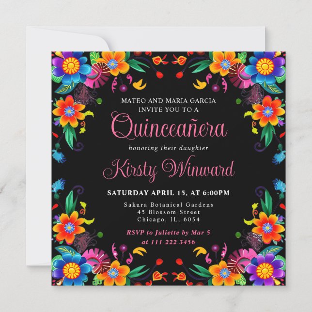 Invitación Fiesta floral mexicana Quinceanera (Anverso)