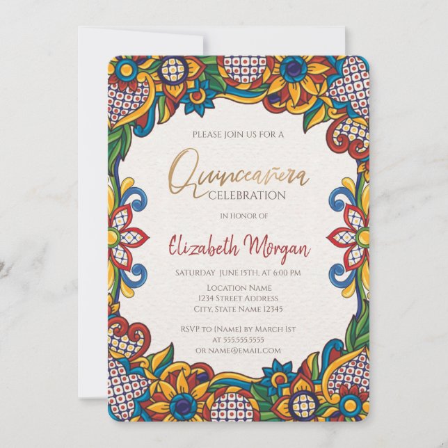 Invitación Fiesta floral mexicana Quinceañera (Anverso)