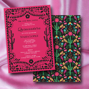 Invitación Fiesta floral mexicana rosa negra Quinceañera