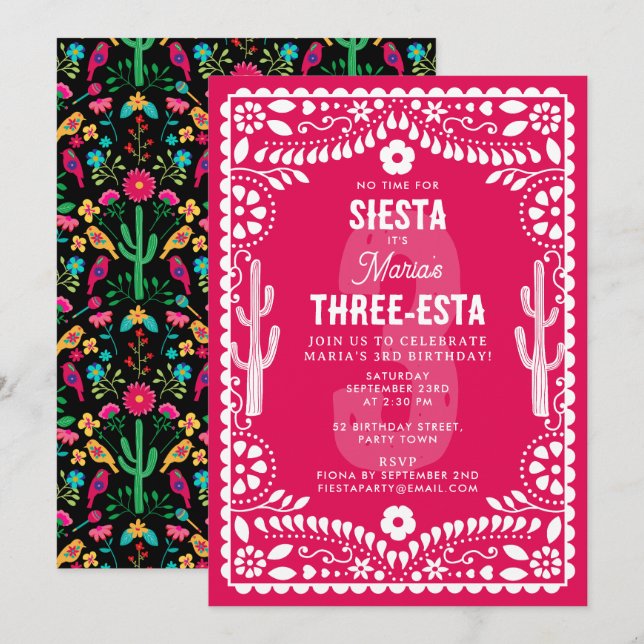 Invitación Fiesta floral mexicana rosa Three-Esta cumpleaños  (Anverso / Reverso)