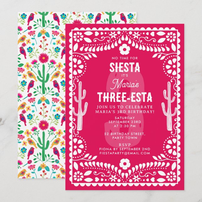 Invitación Fiesta floral mexicana rosa Three-Esta cumpleaños  (Anverso / Reverso)