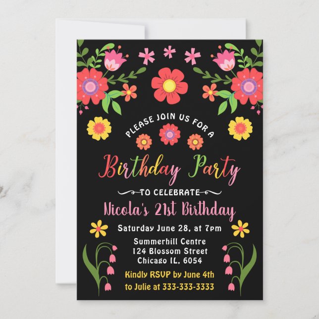Invitación Fiesta floral mexicana y fiesta de cumpleaños negr (Anverso)