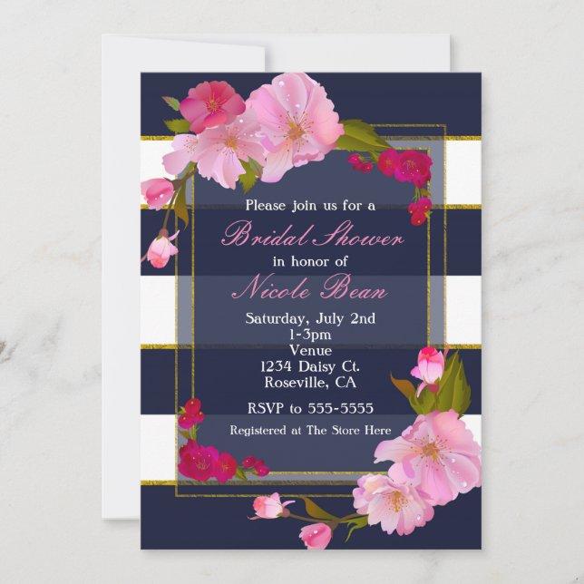 Invitación Fiesta Floral Moderna Chic Azul Blanco y Dorado (Anverso)