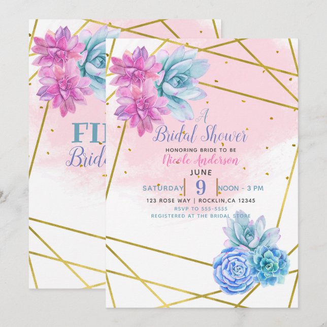 Invitación Fiesta floral moderna glam suroeste suculentas (Anverso / Reverso)