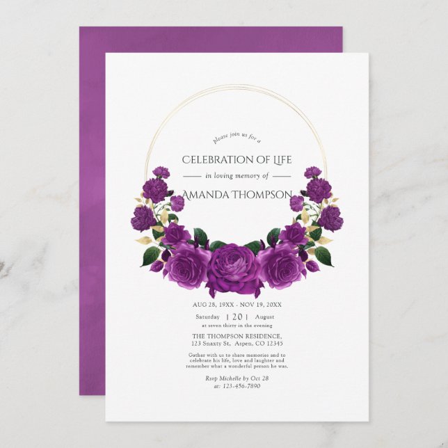 Invitación Fiesta floral morada y dorada de la vida (Anverso / Reverso)