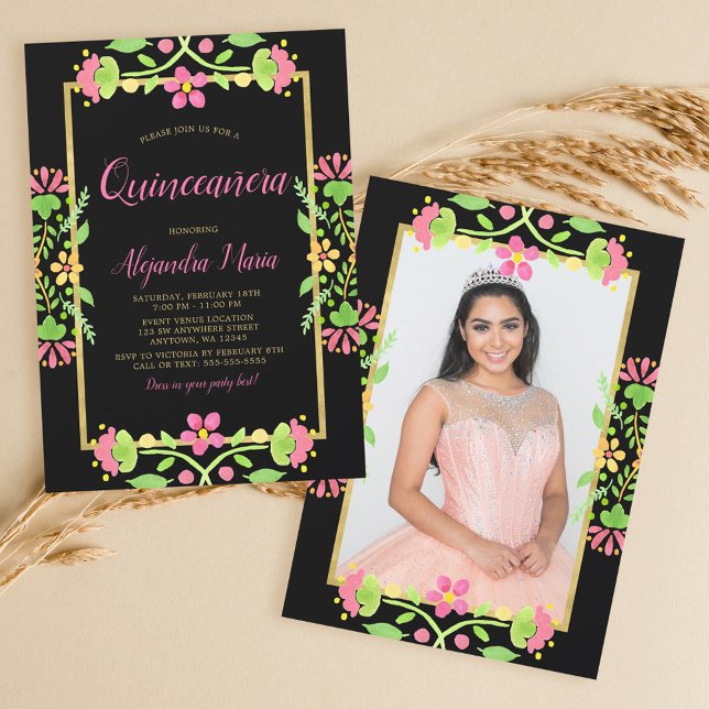 Invitación Fiesta floral Oro negro Quinceanera Foto (Subido por el creador)