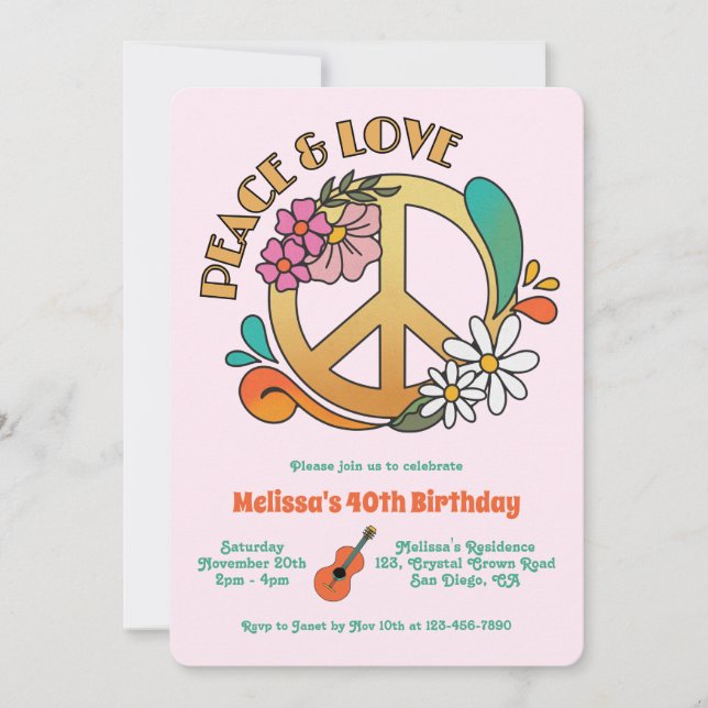 Invitación Fiesta floral retro Hippie Peace & Love (Anverso)