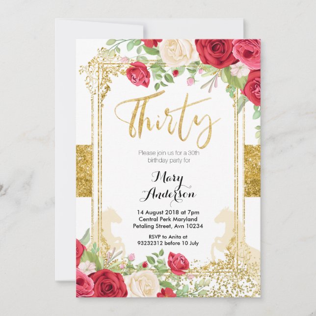 Invitación Fiesta floral Rojo Mexicano Treinta y Treinta Años (Anverso)