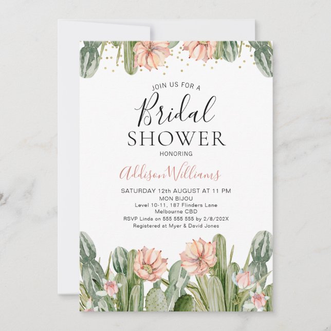 Invitación Fiesta Floral Rosa Cactus Suculento Ducha Bridal (Anverso)