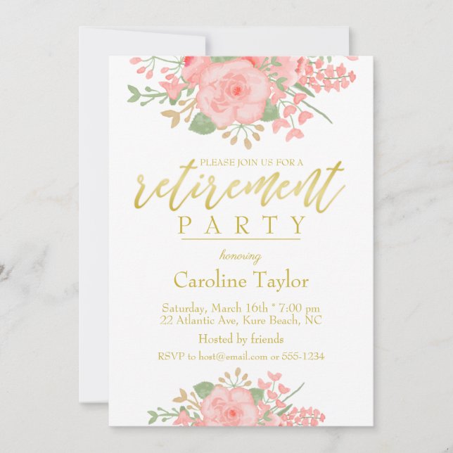 Invitación Fiesta Floral Rubor Pink Gold Retirement (Anverso)