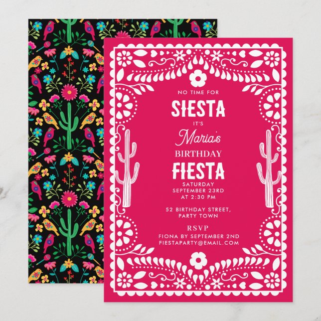 Invitación Fiesta Floral Tradicional Mexicana Cumpleaños Rosa (Anverso / Reverso)