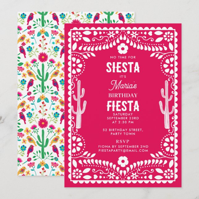 Invitación Fiesta Floral Tradicional Mexicana Cumpleaños Rosa (Anverso / Reverso)