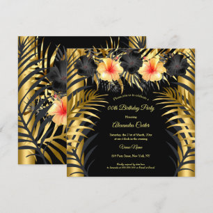 Invitación Fiesta Floral Tropical Hibisco Amarillo Oro Negro