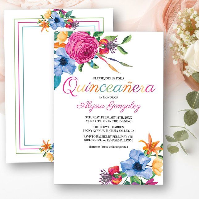 Invitación Fiesta Flores Acuarela Floral Blanco Quinceanera (Quinceanera Invitation from my Fiesta Flowers Quinceanera Collection)