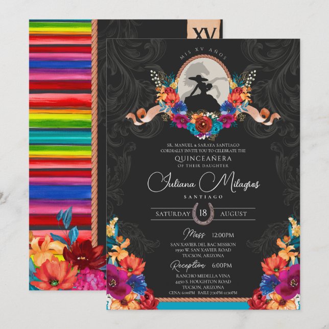 Invitación Fiesta Flores Brillantes Elegante Charro Quinceane (Anverso / Reverso)