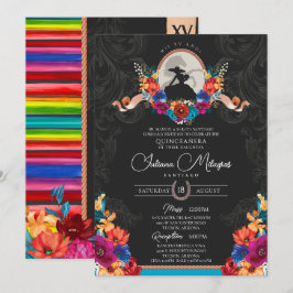 Invitación Fiesta Flores Brillantes Elegante Charro Quinceane