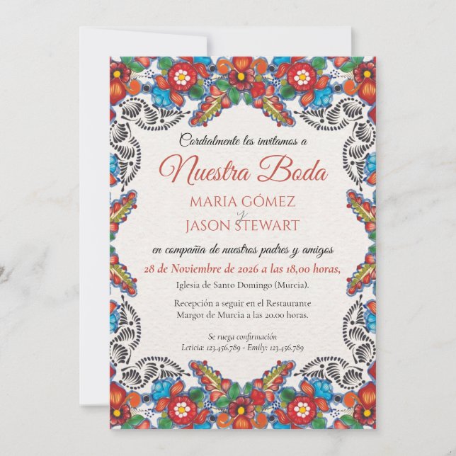Invitación Fiesta Flores Coloridas Botánicas Boda Española (Anverso)
