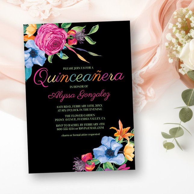 Invitación Fiesta Flores de color de agua negro Floral Quince (Quinceanera Invitation from my Fiesta Flowers Quinceanera Collection)