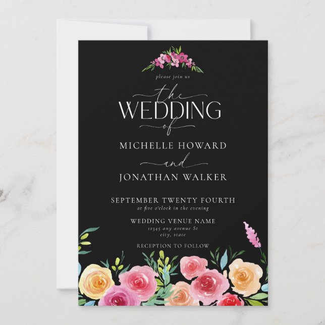 Invitación Fiesta Flores Mexicanas Elegante Boda de Guión (Anverso)