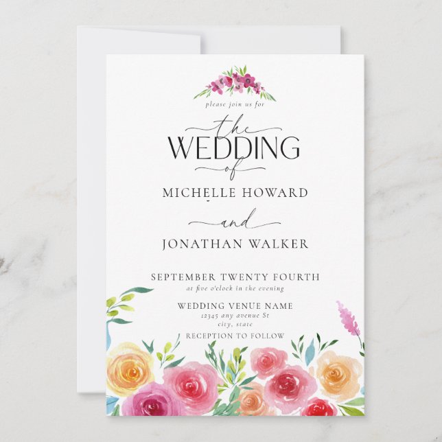 Invitación Fiesta Flores Mexicanas Elegante Guión Boda QR (Anverso)