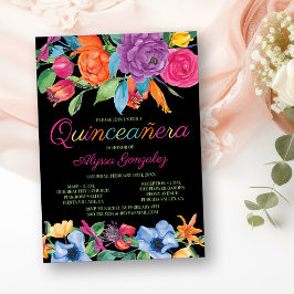 Invitación Fiesta Flores Quinceanera floral de color negro