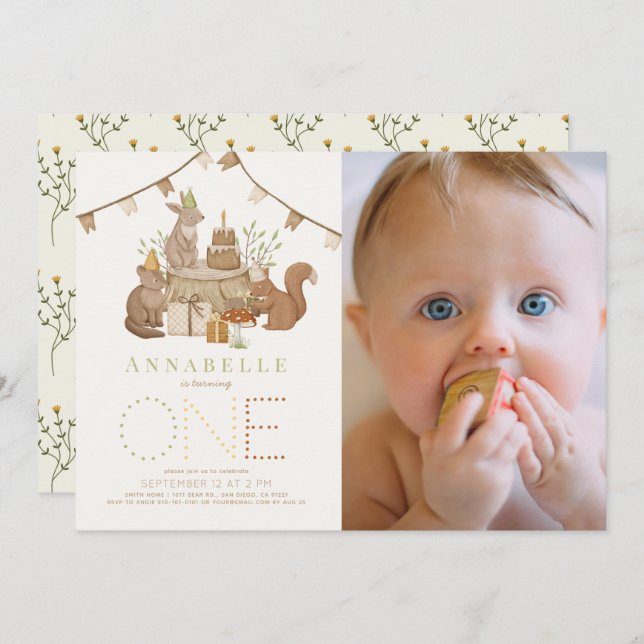 Invitación Fiesta forestal de animales de Woodland Foto de pr (Anverso / Reverso)
