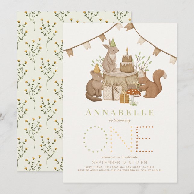 Invitación Fiesta forestal de animales de Woodland Primer cum (Anverso / Reverso)