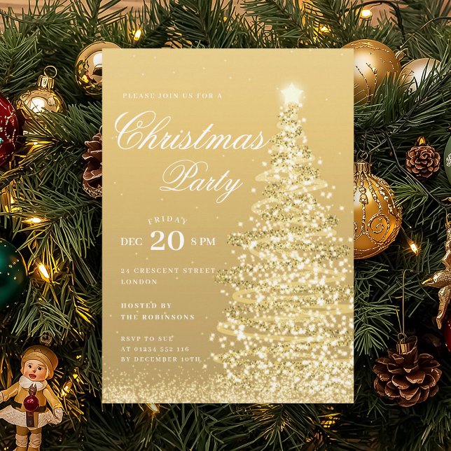 Invitación Fiesta Formal de Navidad de Invierno en Oro Árbol  (Formal Gold Winter Christmas Tree Holiday Party Invitation)