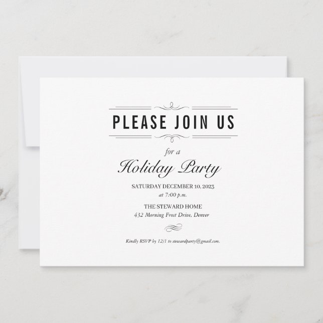 Invitación Fiesta formal de vacaciones en blanco y negro (Anverso)