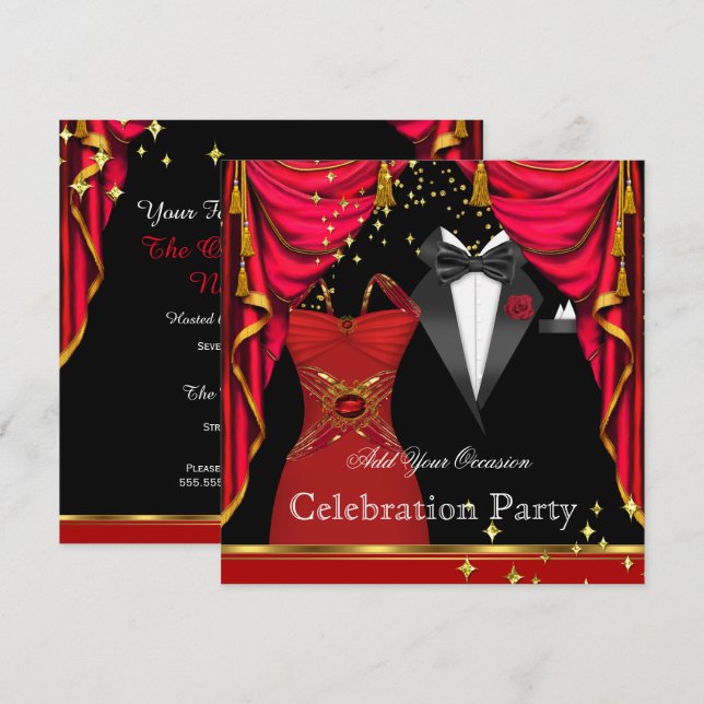 Invitación Fiesta Formal Elegante Evento De Vestido Rojo De T (Anverso / Reverso)