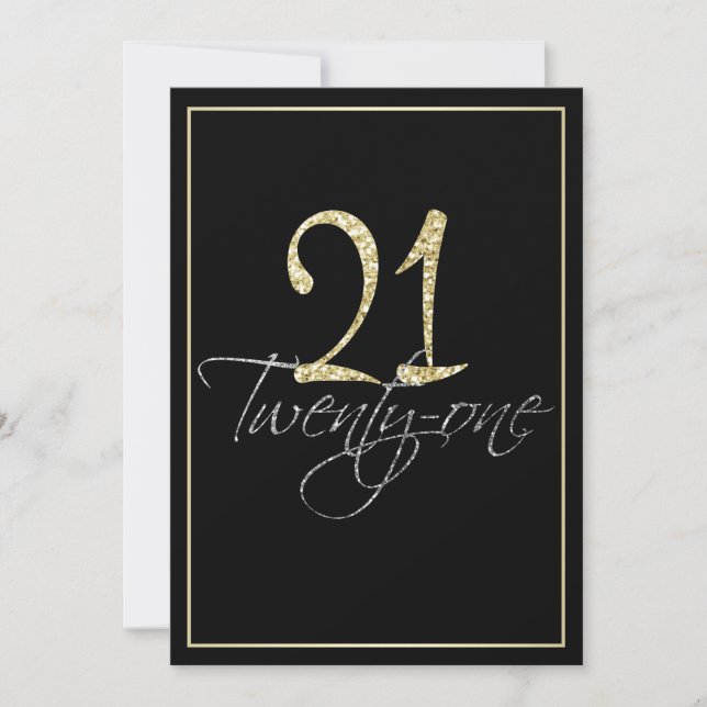 Invitación Fiesta formal plateado negro y oro de 21 años (Anverso)