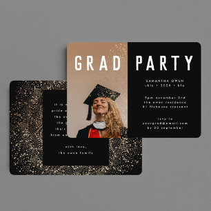 Invitación Fiesta fotográfico Black Gold Elegant Botanicals G
