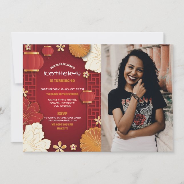 Invitación Fiesta fotográfico chino de cumpleaños ausente (Anverso)