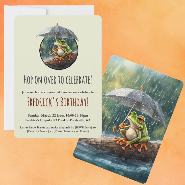 Invitación Fiesta fotográfico de cumpleaños de la sana de Cot (Whimsical woodland cottagecore frog birthday party invite rainy day aesthetic painterly style)