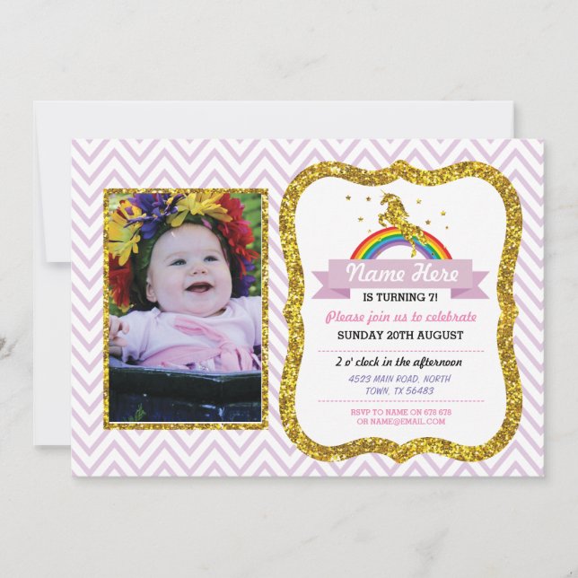 Invitación Fiesta fotográfico de cumpleaños de Unicorn invita (Anverso)