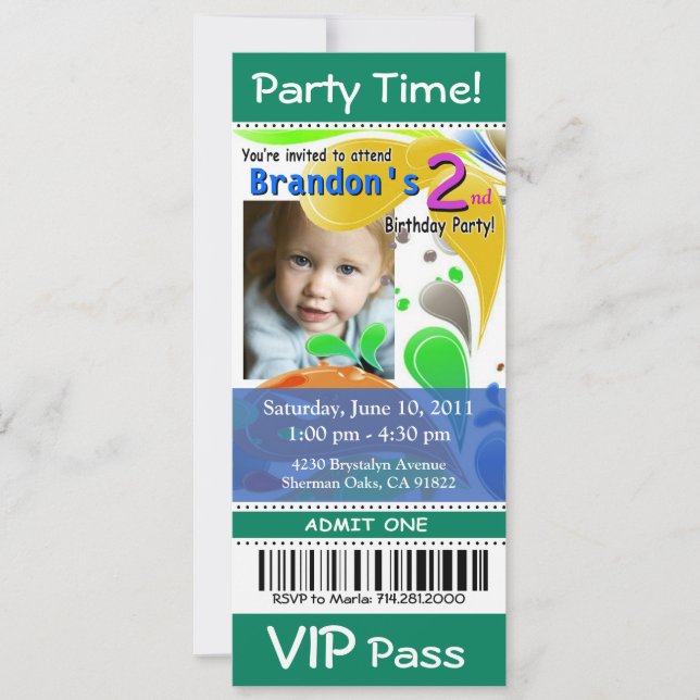 Invitación Fiesta fotográfico de pases VIP para niños diverti (Anverso)