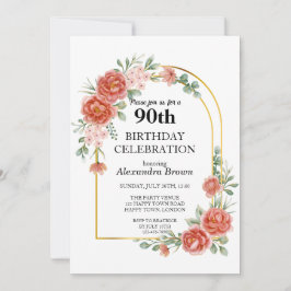 Invitación Fiesta fotográfico del marco dorado de la flor roj