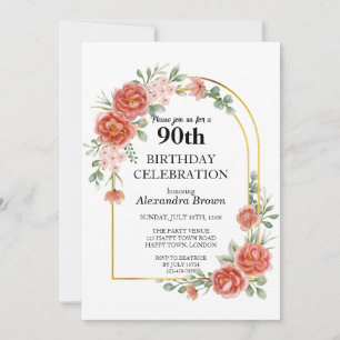 Invitación Fiesta fotográfico del marco dorado de la flor roj