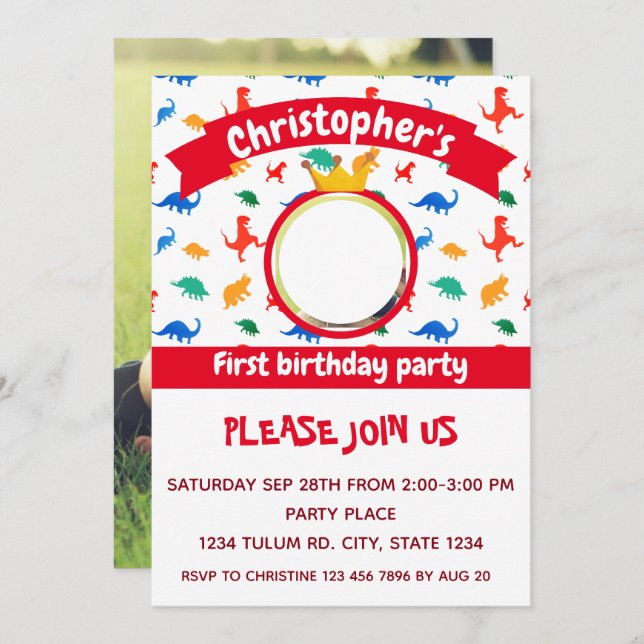 Invitación Fiesta fotográfico Dinosaur Red (Anverso / Reverso)