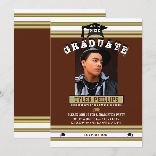 Invitación Fiesta fotográfico Maroon White & Gold Graduation (Anverso / Reverso)
