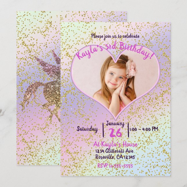 Invitación Fiesta fotográfico Unicornio de Rainbow Pastel Gol (Anverso / Reverso)
