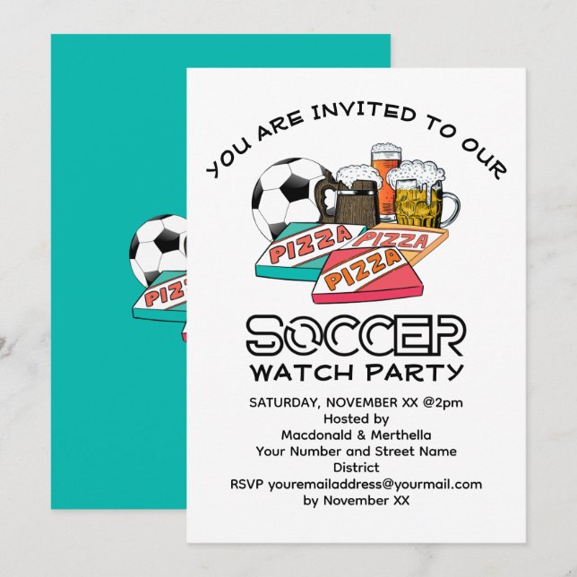 Invitación Fiesta Fútbol Beer Pizza SOCCER WATCH (Anverso / Reverso)