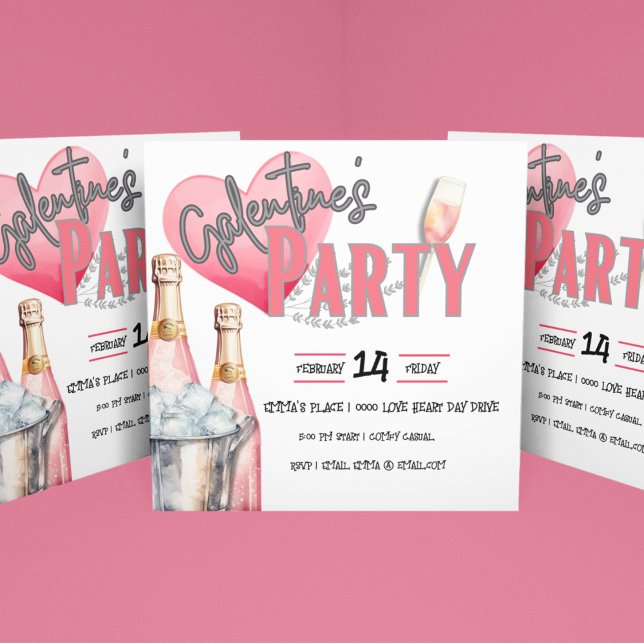 Invitación Fiesta Galentine con champán rosa y cubo de hielo (Galentine's Party invitations for you to customize.  Add your gal pal party information and enjoy!)