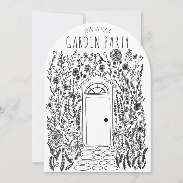 Invitación Fiesta GARDEN Flores Doodle dibujado a mano (Anverso)