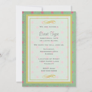 Invitación Fiesta genérica verde vintage con lunares rosados