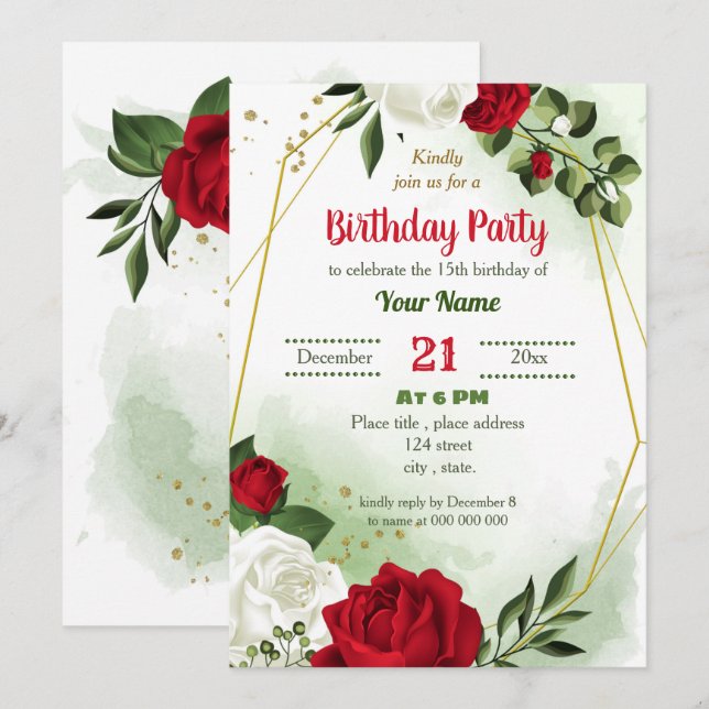 Invitación fiesta geométrica de cumpleaños floral blanca roja (Anverso / Reverso)